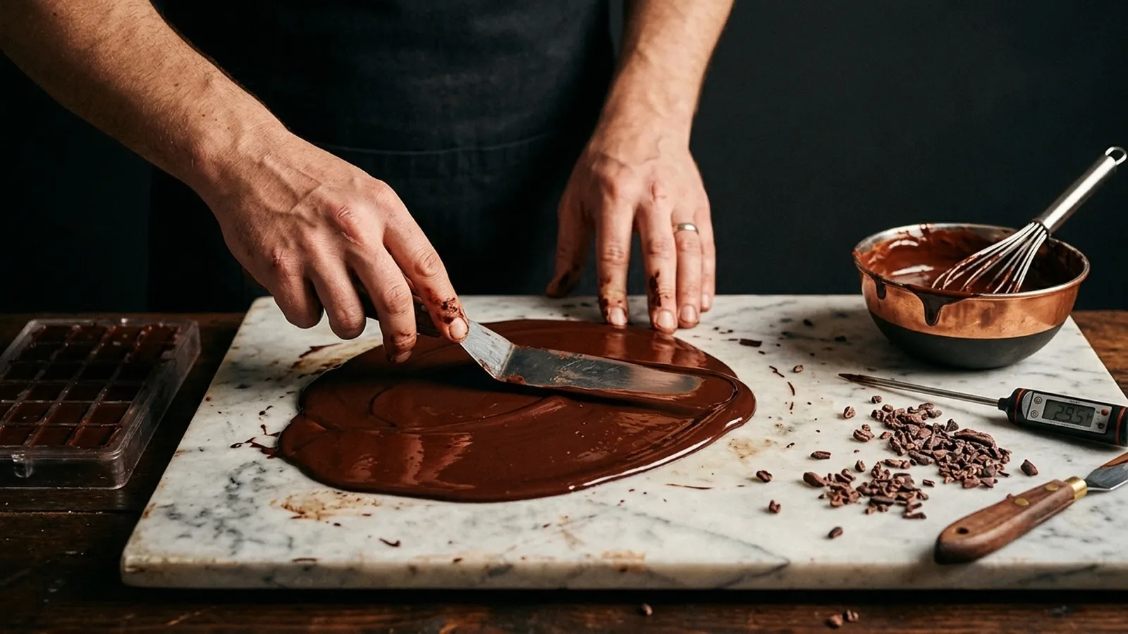A chocolate maker's hands spreading tempered dark chocolate across a marble slab, surrounded by bean-to-bar tools