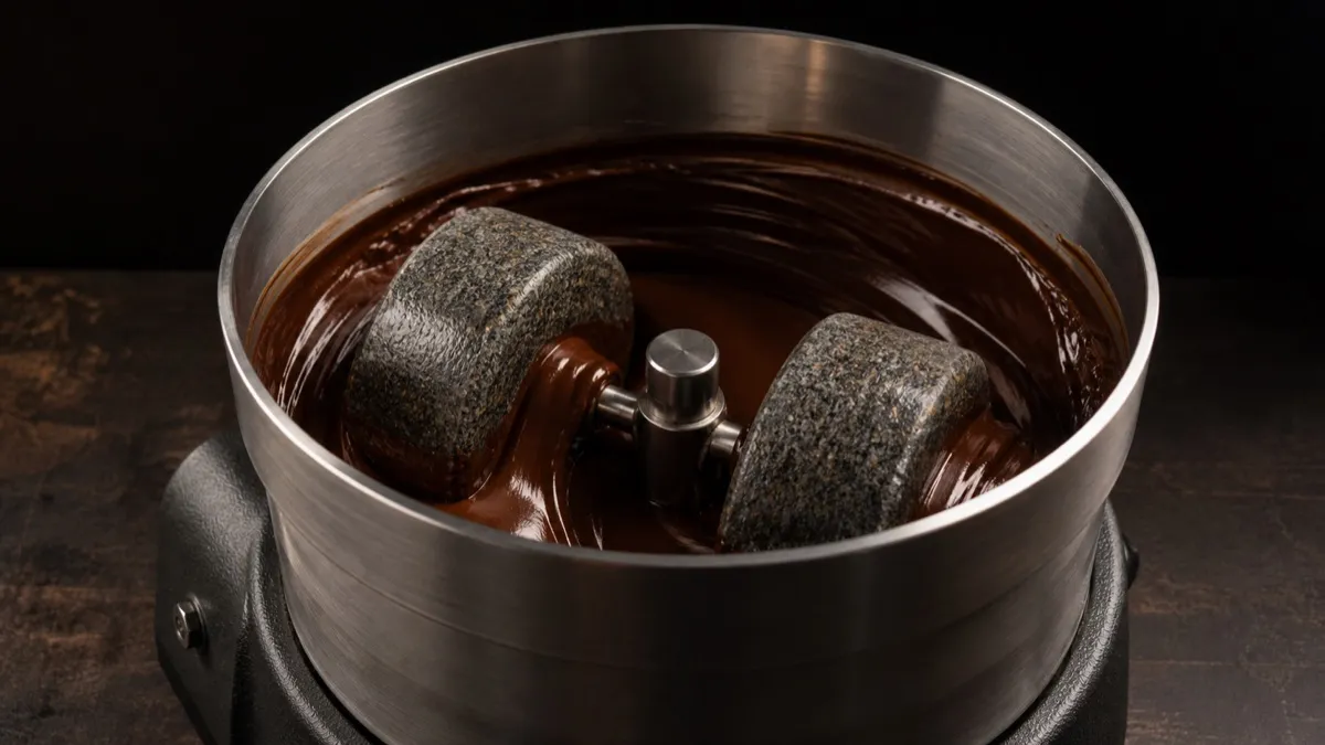 Stone melanger refining liquid chocolate