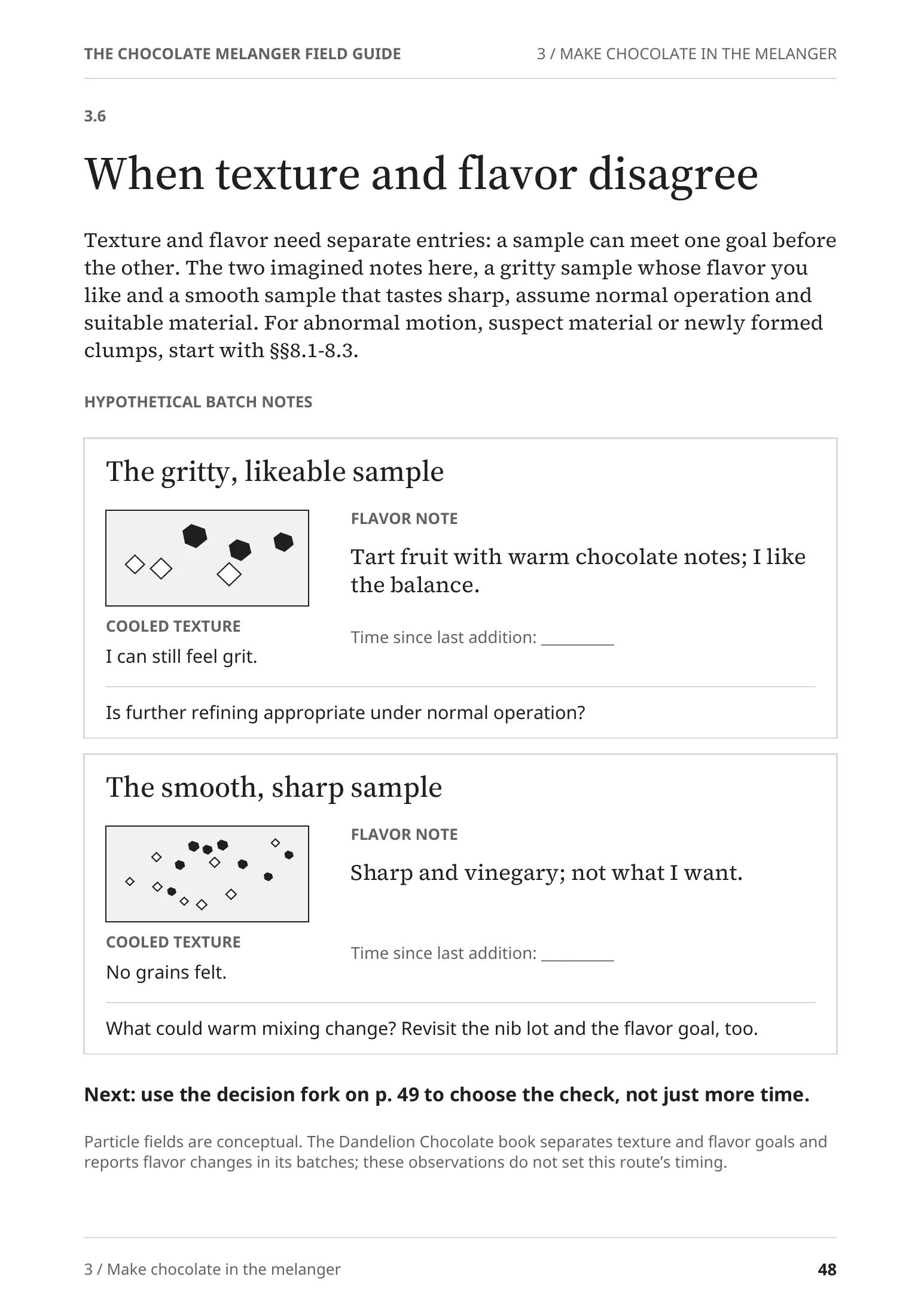Page 48 in full: “When texture and flavor disagree”, two imagined sample notes.