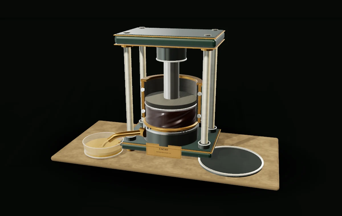 A cutaway cocoa press, with a golden stream flowing into a glass bowl